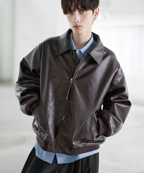 中綿入り ヴィンテージPU合皮ショート丈ブルゾン（ブルゾン