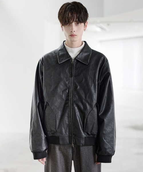 中綿入り　ヴィンテージPU合皮ショート丈ブルゾン 中綿入り ヴィンテージPU合皮ショート丈ブルゾン（ブルゾン