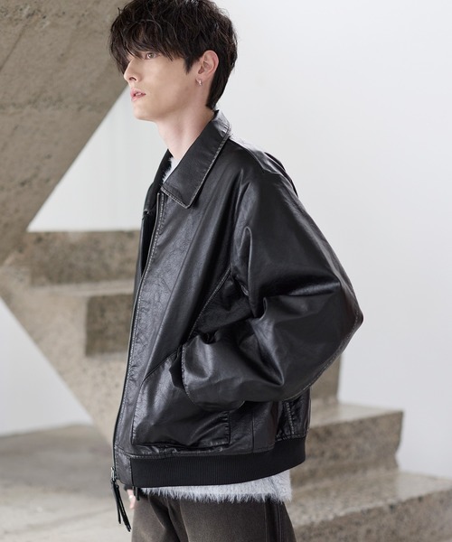 セール】中綿入り ヴィンテージPU合皮ショート丈ブルゾン（ブルゾン