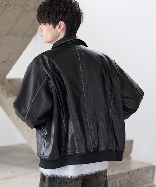 中綿入り ヴィンテージPU合皮ショート丈ブルゾン（ブルゾン