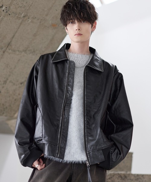 中綿入り ヴィンテージPU合皮ショート丈ブルゾン（ブルゾン