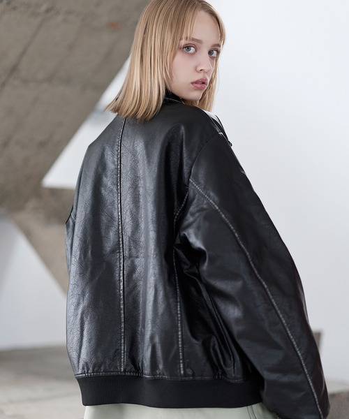 中綿入り ヴィンテージPU合皮ショート丈ブルゾン（ブルゾン