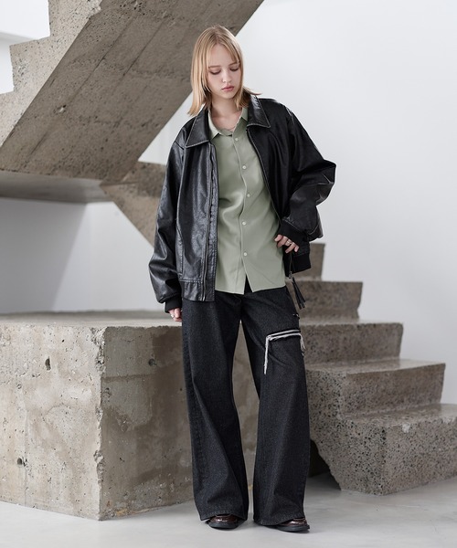 中綿入り ヴィンテージPU合皮ショート丈ブルゾン（ブルゾン