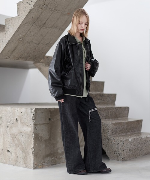 中綿入り ヴィンテージPU合皮ショート丈ブルゾン（ブルゾン