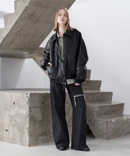 ヴィンテージ加工PU合皮 中綿ショート丈ブルゾン（ブルゾン