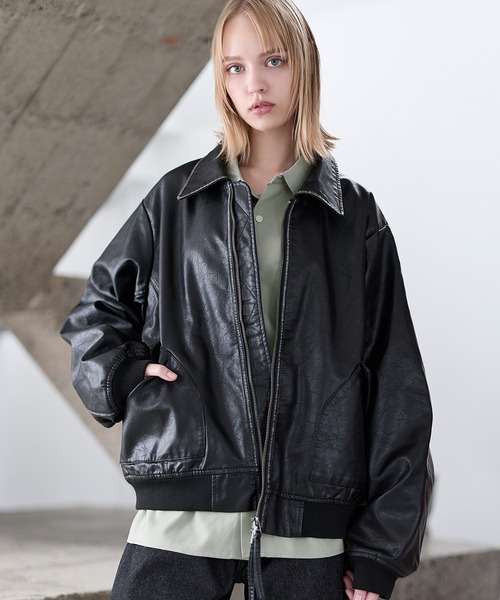 中綿入り　ヴィンテージPU合皮ショート丈ブルゾン セール】中綿入り ヴィンテージPU合皮ショート丈ブルゾン（ブルゾン