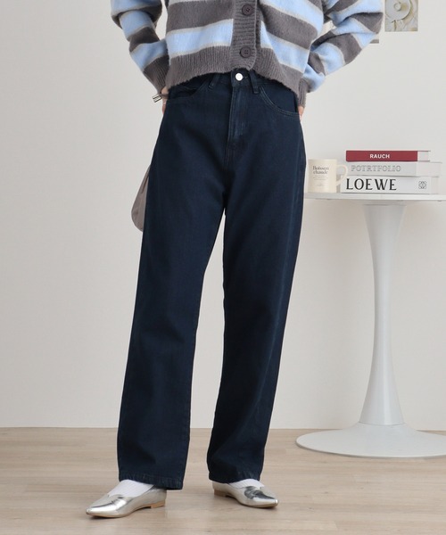 atONE(アットワン)の「デニムハイライズ デニムストレートパンツ 程よくゆるっとしたルーズシルエット(デニムパンツ・レディース・ネイビー/ワンウォッシュ/ブルー・L/LL/3L/4L/M)」の1枚目の写真