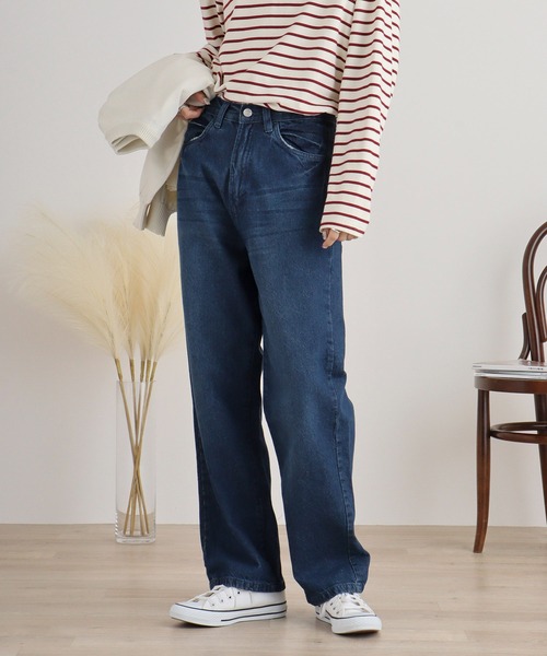 atONE(アットワン)の「デニムハイライズ デニムストレートパンツ 程よくゆるっとしたルーズシルエット(デニムパンツ・レディース・ネイビー/ワンウォッシュ/ブルー・L/LL/3L/4L/M)」の4枚目の写真