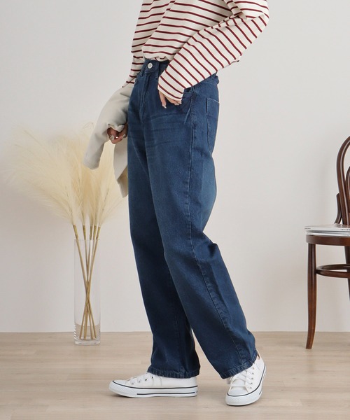 atONE(アットワン)の「デニムハイライズ デニムストレートパンツ 程よくゆるっとしたルーズシルエット(デニムパンツ・レディース・ネイビー/ワンウォッシュ/ブルー・L/LL/3L/4L/M)」の5枚目の写真