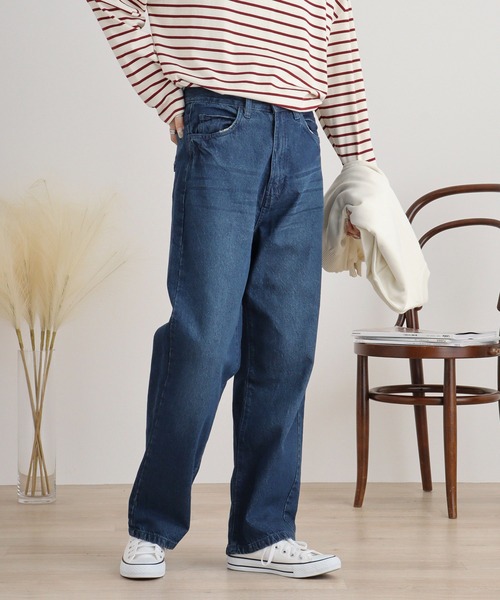 atONE(アットワン)の「デニムハイライズ デニムストレートパンツ 程よくゆるっとしたルーズシルエット(デニムパンツ・レディース・ネイビー/ワンウォッシュ/ブルー・L/LL/3L/4L/M)」の6枚目の写真