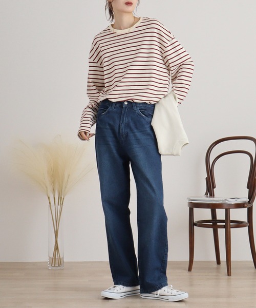 atONE(アットワン)の「デニムハイライズ デニムストレートパンツ 程よくゆるっとしたルーズシルエット(デニムパンツ・レディース・ネイビー/ワンウォッシュ/ブルー・L/LL/3L/4L/M)」の7枚目の写真