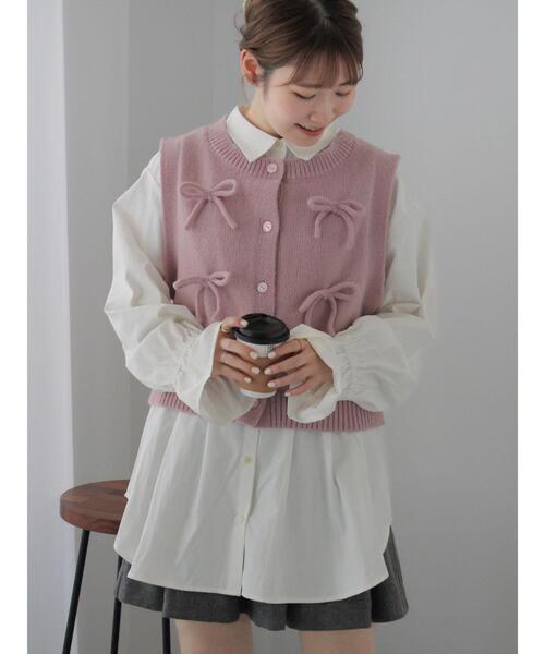 ehka sopo(エヘカソポ)の「リボンニットベスト(ベスト・レディース・グレー/キナリ/ピンク・F)」の3枚目の写真