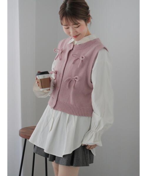 ehka sopo(エヘカソポ)の「リボンニットベスト(ベスト・レディース・グレー/キナリ/ピンク・F)」の9枚目の写真