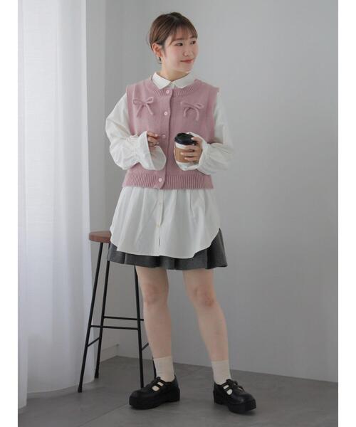 ehka sopo(エヘカソポ)の「リボンニットベスト(ベスト・レディース・グレー/キナリ/ピンク・F)」の11枚目の写真