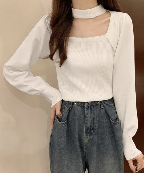 ノーブル　チョーカーリブニットトップス　黒 ノーブル チョーカーリブニットトップス 黒 セール】チョーカー風