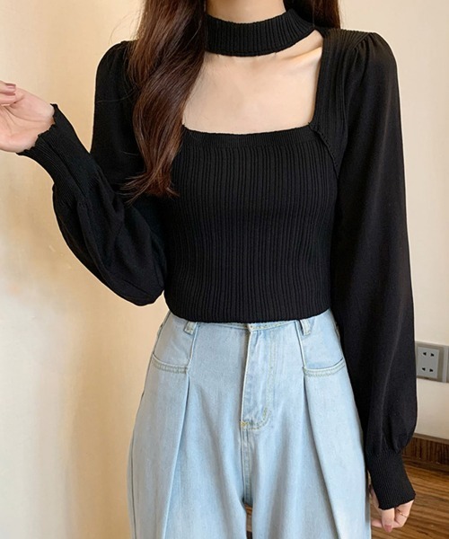 Miniministore(ミニミニストア)の「チョーカー風 リブニットトップス 韓国風(ニット/セーター・レディース・ロイヤルブルー/ホワイト/ブラック・FREE)」の7枚目の写真