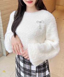 リボンブローチ付フェザーニット
