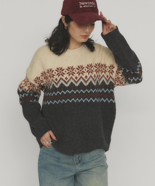 MERLOT(メルロー)の「ノルディックルーズニット(ニット/セーター・レディース・チャコールグレー/マスタード/ライトブルー・FREE)」の2枚目の写真