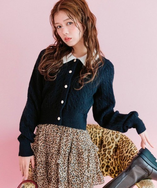 OLIVE des OLIVE（オリーブデオリーブ）の「【完売カラー再販開始！】金ボタンケーブル衿カーデ（カーディガン/ボレロ・レディース・オフホワイト/マルチ/ブラック/トップグレー・FREE）」の3枚目の写真