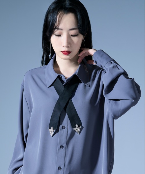 Ellno Loset（エルノロゼット）の「ノーブルクロスボウタイツキトロミシャツ/SETUP対応（シャツ/ブラウス・メンズ・ブルーグレー/オフホワイト/ブラック・MEDIUM/SMALL/LARGE）」の3枚目の写真