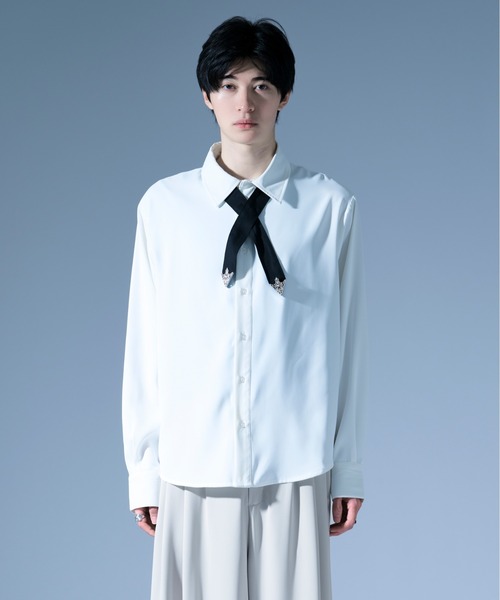 Ellno Loset（エルノロゼット）の「ノーブルクロスボウタイツキトロミシャツ/SETUP対応（シャツ/ブラウス・メンズ・ブルーグレー/オフホワイト/ブラック・MEDIUM/SMALL/LARGE）」の10枚目の写真