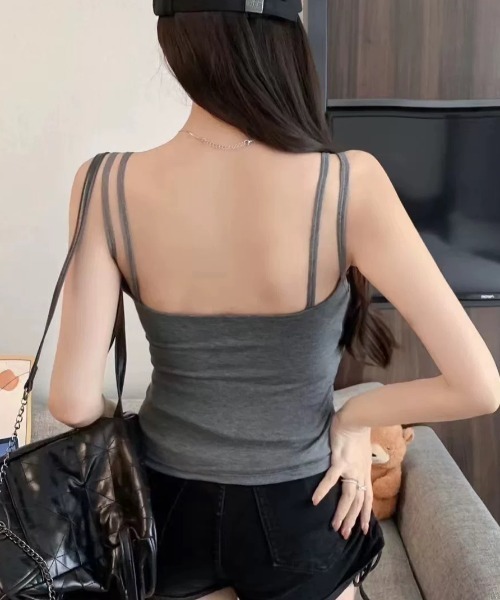 セール】カップ付きフェイクレイヤード刺しゅうロゴキャミソール