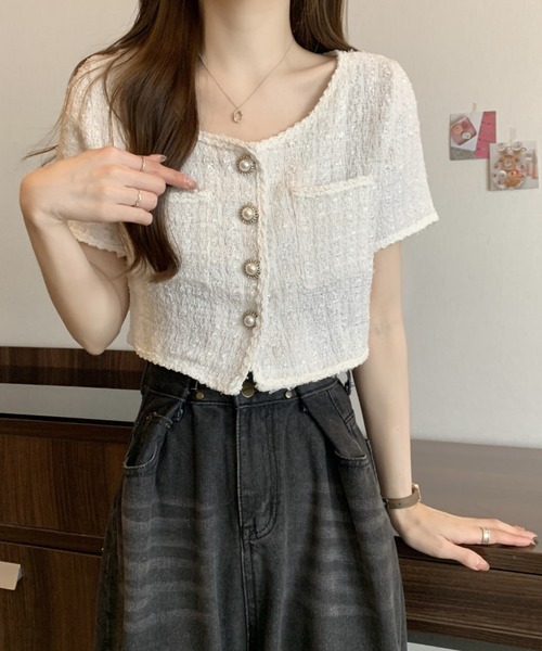 Mejoul(メジュール)の「半袖 ノーカラー ツイードジャケット(テーラードジャケット・レディース・ブラック/アイボリー/ブルー・L/M)」の2枚目の写真