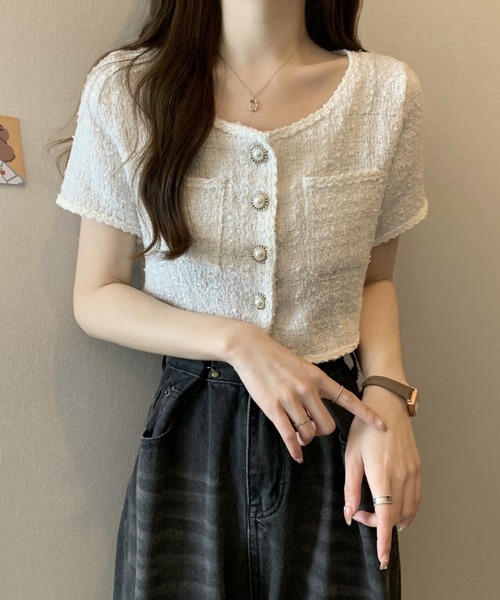 Mejoul(メジュール)の「半袖 ノーカラー ツイードジャケット(テーラードジャケット・レディース・ブラック/アイボリー/ブルー・L/M)」の6枚目の写真
