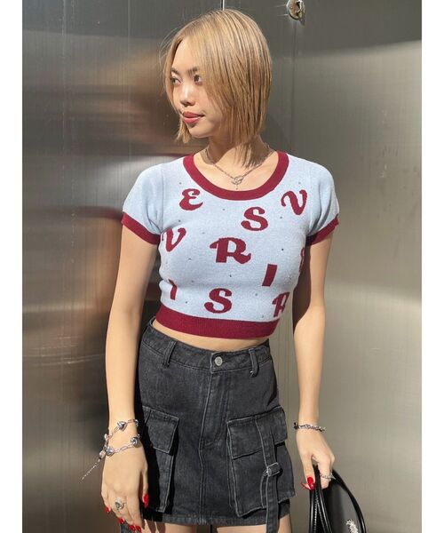 EVRIS（エヴリス）の「ジャガードハーフスリーブニットトップス（ニット/セーター・レディース・ブルー/ブラック/ホワイト・FREE）」の3枚目の写真