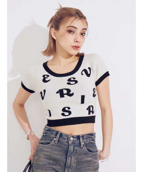 EVRIS（エヴリス）の「ジャガードハーフスリーブニットトップス（ニット/セーター・レディース・ブルー/ブラック/ホワイト・FREE）」の17枚目の写真