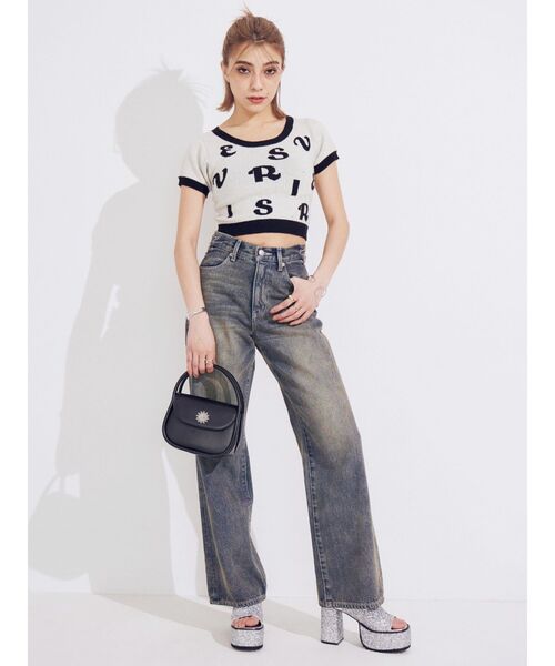 EVRIS（エヴリス）の「ジャガードハーフスリーブニットトップス（ニット/セーター・レディース・ブルー/ブラック/ホワイト・FREE）」の21枚目の写真