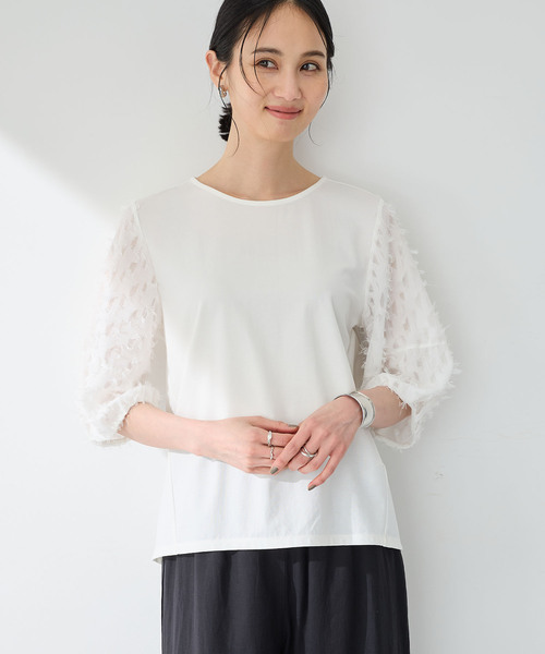 A/C DESIGN BY ALPHA CUBIC（エーシーデザインバイアルファキュービック）の「【接触冷感・UVカット】カットジャガード切替えプルオーバー（Tシャツ/カットソー・レディース・オレンジ/オフホワイト/ブラック・M/L）」の2枚目の写真