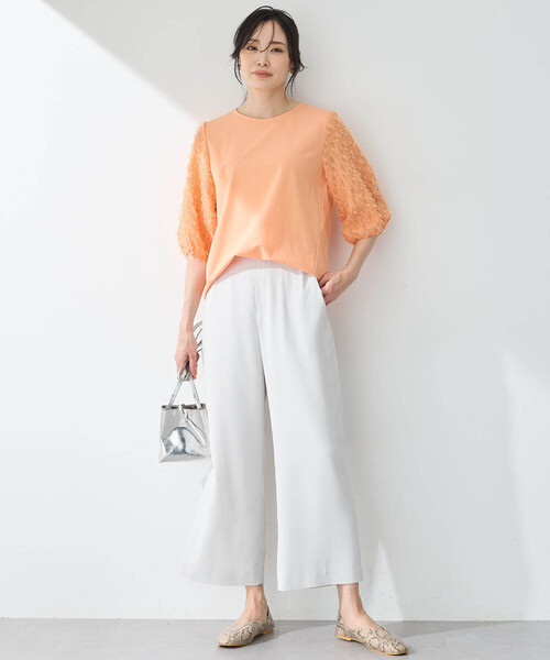 A/C DESIGN BY ALPHA CUBIC（エーシーデザインバイアルファキュービック）の「【接触冷感・UVカット】カットジャガード切替えプルオーバー（Tシャツ/カットソー・レディース・オレンジ/オフホワイト/ブラック・M/L）」の4枚目の写真