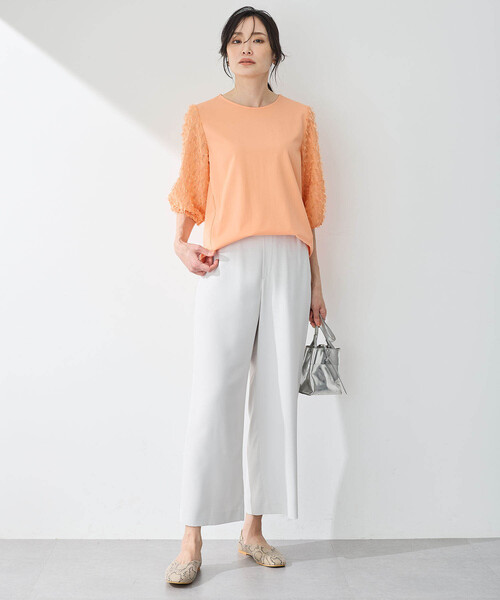 A/C DESIGN BY ALPHA CUBIC（エーシーデザインバイアルファキュービック）の「【接触冷感・UVカット】カットジャガード切替えプルオーバー（Tシャツ/カットソー・レディース・オレンジ/オフホワイト/ブラック・M/L）」の5枚目の写真