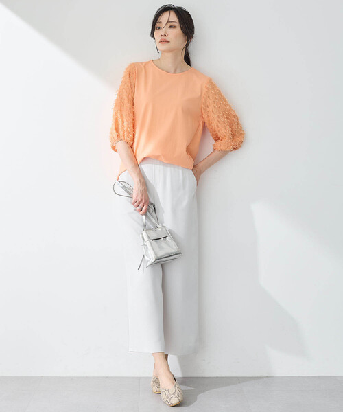 A/C DESIGN BY ALPHA CUBIC（エーシーデザインバイアルファキュービック）の「【接触冷感・UVカット】カットジャガード切替えプルオーバー（Tシャツ/カットソー・レディース・オレンジ/オフホワイト/ブラック・M/L）」の6枚目の写真