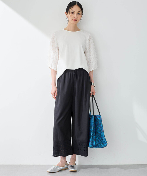 A/C DESIGN BY ALPHA CUBIC（エーシーデザインバイアルファキュービック）の「【接触冷感・UVカット】カットジャガード切替えプルオーバー（Tシャツ/カットソー・レディース・オレンジ/オフホワイト/ブラック・M/L）」の7枚目の写真