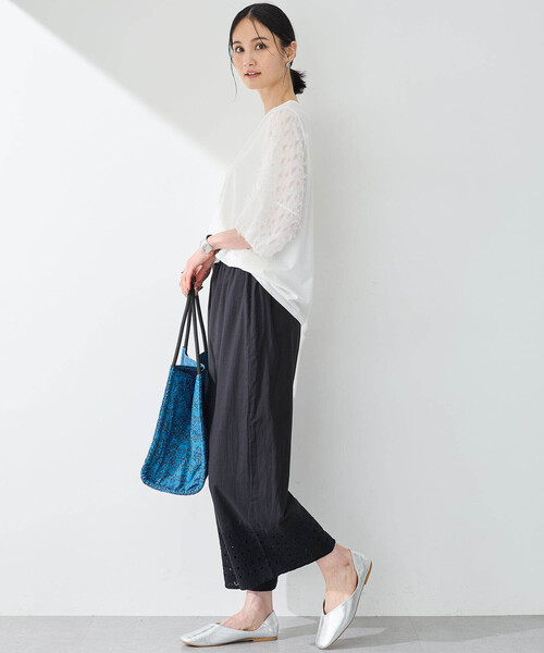 A/C DESIGN BY ALPHA CUBIC（エーシーデザインバイアルファキュービック）の「【接触冷感・UVカット】カットジャガード切替えプルオーバー（Tシャツ/カットソー・レディース・オレンジ/オフホワイト/ブラック・M/L）」の9枚目の写真