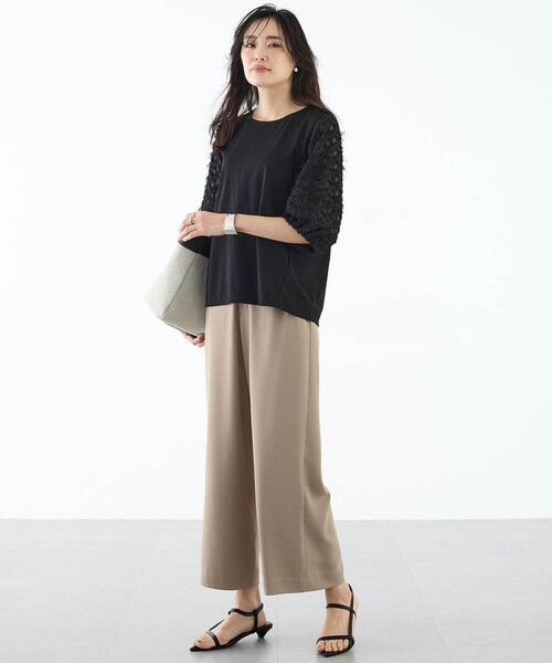 A/C DESIGN BY ALPHA CUBIC（エーシーデザインバイアルファキュービック）の「【接触冷感・UVカット】カットジャガード切替えプルオーバー（Tシャツ/カットソー・レディース・オレンジ/オフホワイト/ブラック・M/L）」の12枚目の写真