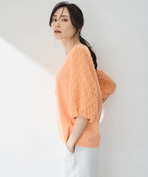 A/C DESIGN BY ALPHA CUBIC（エーシーデザインバイアルファキュービック）の「【接触冷感・UVカット】カットジャガード切替えプルオーバー（Tシャツ/カットソー・レディース・オレンジ/オフホワイト/ブラック・M/L）」の13枚目の写真