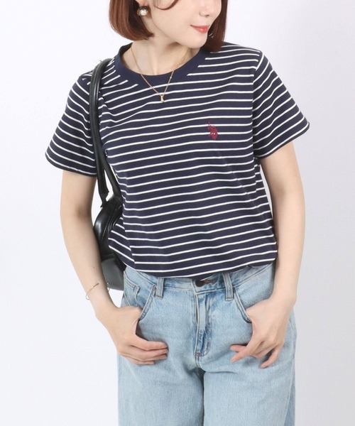 U.S. POLO ASSN.(ユーエスポロアッスン)の「U.S.POLO ASSN.(ユーエスポロアッスン)ブランドロゴワンポイント刺繍 無地・ボーダー柄Tシャツ レディース(Tシャツ/カットソー・レディース・ピンク/ブルー系その他/ピンク系その他/オフホワイト/グリーン系その他/ネイビー/ホワイト系その他/ライム・L/M)」の6枚目の写真