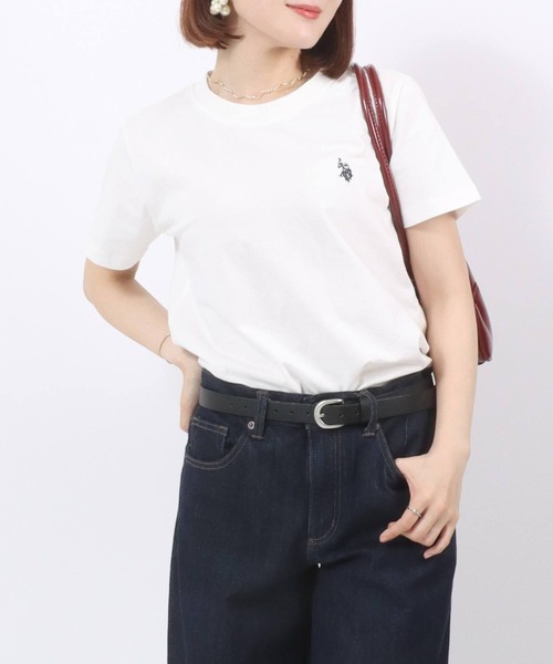 U.S. POLO ASSN.(ユーエスポロアッスン)の「U.S.POLO ASSN.(ユーエスポロアッスン)ブランドロゴワンポイント刺繍 無地・ボーダー柄Tシャツ レディース(Tシャツ/カットソー・レディース・ピンク/ブルー系その他/ピンク系その他/オフホワイト/グリーン系その他/ネイビー/ホワイト系その他/ライム・L/M)」の1枚目の写真
