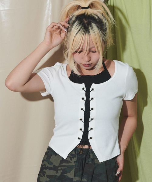 dispark（ディスパーク）の「DISPARK/フロントレースアップレイヤードT（Tシャツ/カットソー・レディース・ブラウン/ホワイト/ブラック・FREE）」の2枚目の写真