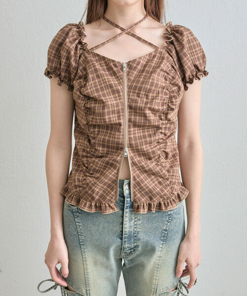 OLIVE des OLIVE（オリーブデオリーブ）の「【デコルテ綺麗見え】ダブルジップオフショルブラウス（シャツ/ブラウス・レディース・ブラウン/ブラック/オフホワイト/グレー・FREE）」の7枚目の写真