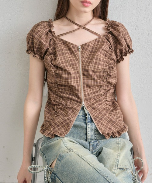 OLIVE des OLIVE（オリーブデオリーブ）の「【デコルテ綺麗見え】ダブルジップオフショルブラウス（シャツ/ブラウス・レディース・ブラウン/ブラック/オフホワイト/グレー・FREE）」の2枚目の写真