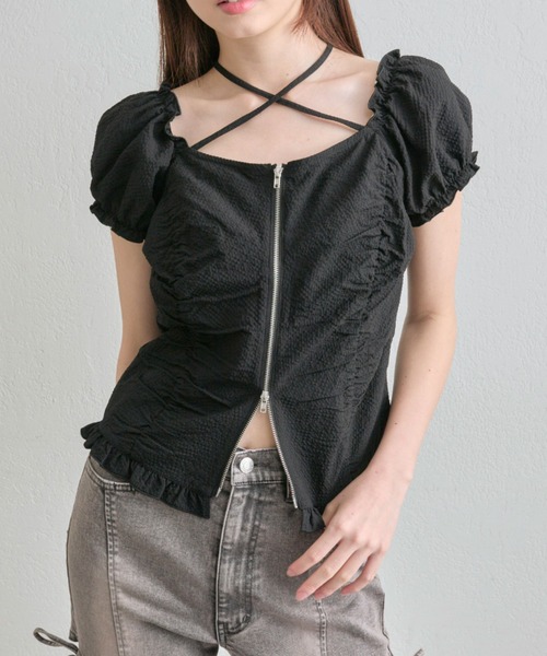 OLIVE des OLIVE（オリーブデオリーブ）の「【デコルテ綺麗見え】ダブルジップオフショルブラウス（シャツ/ブラウス・レディース・ブラウン/ブラック/オフホワイト/グレー・FREE）」の3枚目の写真