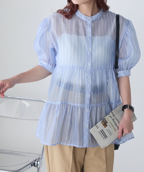 BONLECILL(ボンルシール)の「アソート柄シアーティアードバンドカラーブラウス(シャツ/ブラウス・レディース・ネイビー/ブラウン/ブラック/ブルー・FREE)」の4枚目の写真