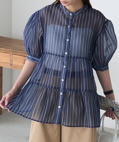 BONLECILL(ボンルシール)の「アソート柄シアーティアードバンドカラーブラウス(シャツ/ブラウス・レディース・ネイビー/ブラウン/ブラック/ブルー・FREE)」の12枚目の写真