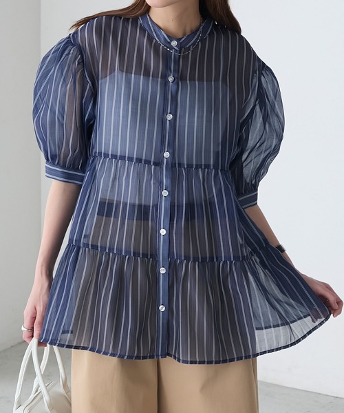 BONLECILL(ボンルシール)の「アソート柄シアーティアードバンドカラーブラウス(シャツ/ブラウス・レディース・ネイビー/ブラウン/ブラック/ブルー・FREE)」の13枚目の写真
