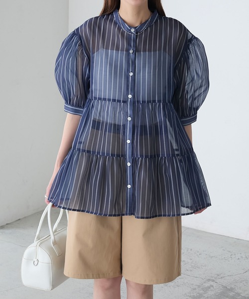 BONLECILL(ボンルシール)の「アソート柄シアーティアードバンドカラーブラウス(シャツ/ブラウス・レディース・ネイビー/ブラウン/ブラック/ブルー・FREE)」の14枚目の写真