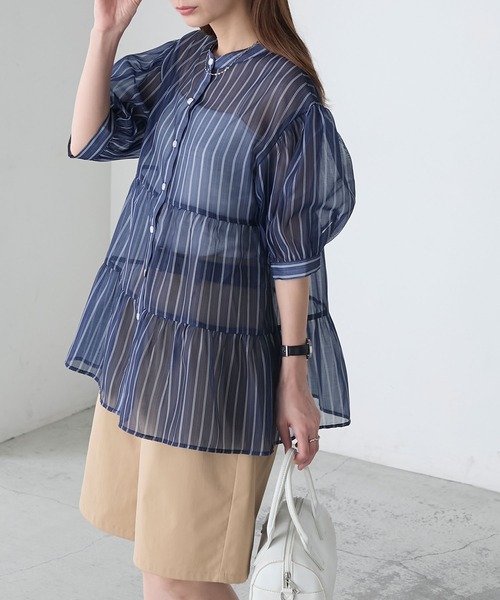 BONLECILL(ボンルシール)の「アソート柄シアーティアードバンドカラーブラウス(シャツ/ブラウス・レディース・ネイビー/ブラウン/ブラック/ブルー・FREE)」の15枚目の写真